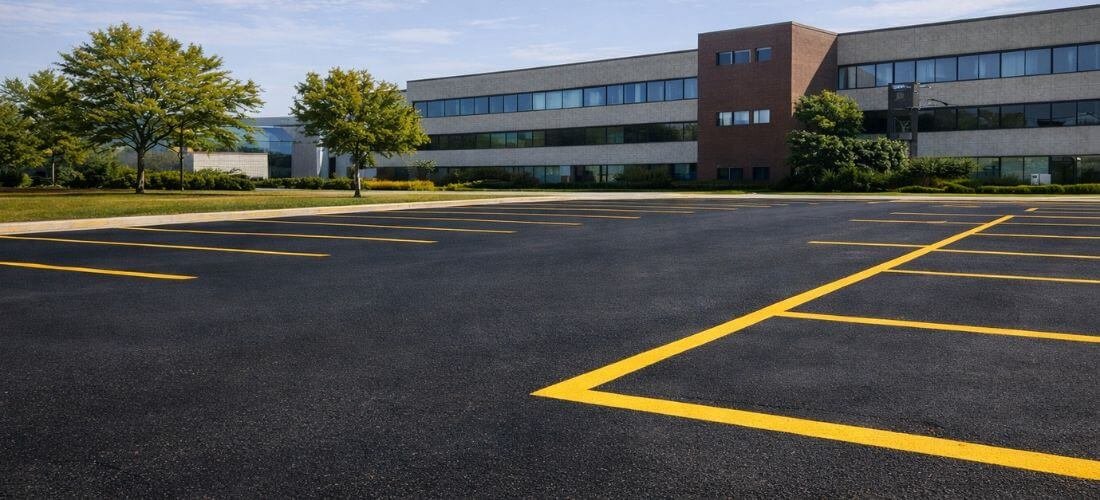 Newly sealcoated commercial parking lot with fresh ADA-compliant striping completed by BlacktopFix in North Carolina
