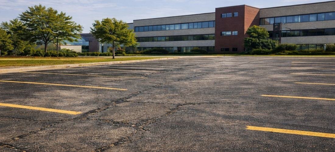 Cracked and faded commercial parking lot before sealcoating and line striping by BlacktopFix in North Carolina